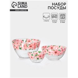 Набор салатников Декостек "Трио. Сакура", 3 шт., 1700/900/300 мл, стекло, прозрачный, розовый