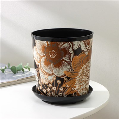 Горшок для цветов с поддоном Доляна «Голди.Птицы», 1.6 л, d=14 см, h=15.5 см, пластиковый, цвет чёрный