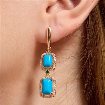 Серьги длинные ювелирная бижутерия коллекция "Дубай", покрытие позолота, вставка: пластик и цирконы, цвет: бирюзовый и прозрачный, арт.313.395