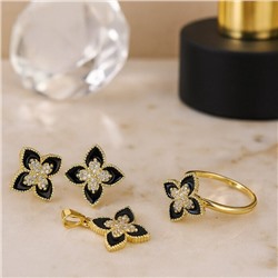 Комплект ювелирной бижутерии Итальянское золото (покрытие желтое 14к) серьги, кулон и кольцо 17 р, вставка: эмаль и  цирконы, цвет: черный и прозрачный, арт.217.381-17