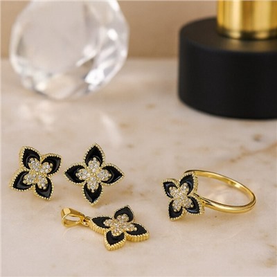 Комплект ювелирной бижутерии Итальянское золото (покрытие желтое 14к) серьги, кулон и кольцо 17 р, вставка: эмаль и  цирконы, цвет: черный и прозрачный, арт.217.381-17