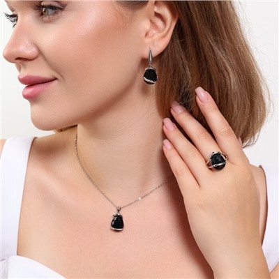 Комплект ювелирная бижутерия серьги, кулон и кольцо 20 р, покрытие: посеребрение, вставка: фианит, цвет: черный, арт.313.073-20