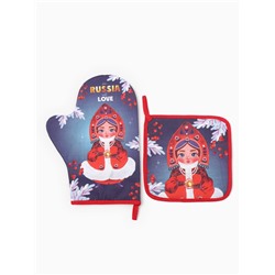 Набор кухонный «Этель. Матрёшка»: прихватка 19×19 см, варежка-прихватка 20×28 см, 100% хлопок