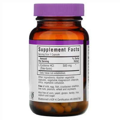 Bluebonnet Nutrition, L-цистеин, 500 мг, 60 растительных капсул