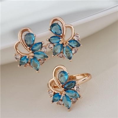 Комплект ювелирной бижутерии коллекция "Дубай" серьги и кольцо 16 р, покрытие позолота, вставка: фианиты, цвет: голубой и прозрачный, арт.215.481-16