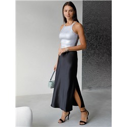 Топ с закрытым декольте из хлопка с эластаном в рубчик с матовым покрытием металлик