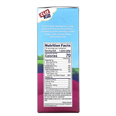 Clif Bar, Clif Kid, Organic ZFruit Rope, Смесь ягод, 18 штук, 0,7 унц. (20 г) в каждом