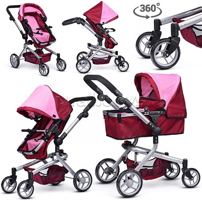 Коляска для кукол металлическая, регулируемая ручка, с корзиной, цвет розово-бородовый