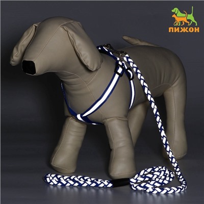 Шлейка с поводком «Плетенка», ОГ 32-48×1.5 с, поводок 115×1 см, флуоресцентная, синяя