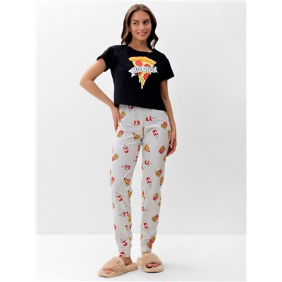 Пижама женская (футболка, брюки) KAFTAN Pizza, размер 44-46, чёрная