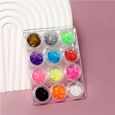 Блёстки для декора, крупные, набор 12 баночек, в пластиковом органайзере, разноцветные