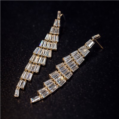 Серьги бижутерия висячие вечерние с камнями, цвет: золотистый и прозрачный, арт.012.077