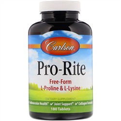 Carlson Labs, Pro-Rite, L-пролин и L-лизин в свободной форме, 180 таблеток