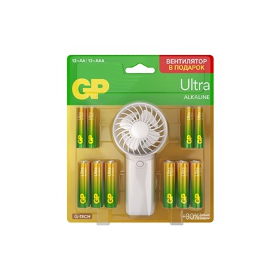 Батарейка алкалиновая GP Ultra, ААА+АА, LR03+LR6-24BL, 1.5В, блистер 12+12 шт, вентилятор