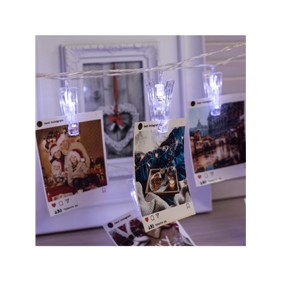 Гирлянда-нить, 4.5 м с насадками «Прищепки», IP20, прозрачная нить, 20 LED, свечение белое 220 В