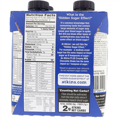 Atkins, Plus Protein & Fiber, Creamy Milk Chocolate, 4 Shakes, 11 fl oz (325 ml) Each