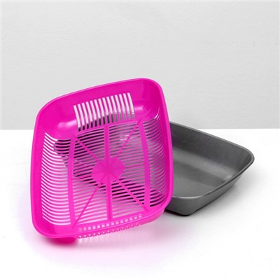 Туалет для кошек, 33.5×25×6 с, округлый, с сеткой, пластик, маджента, серый