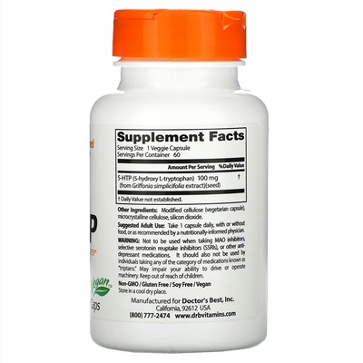 Doctor's Best, 5-гидрокситриптофан, 100 мг, 60 вегетарианских капсул
