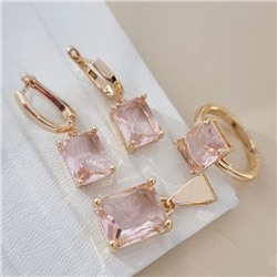Комплект ювелирной бижутерии коллекция "Дубай" серьги, кулон и кольцо 18 р покрытие позолота, вставка: стекло, цвет: розовый, арт.215.586-18