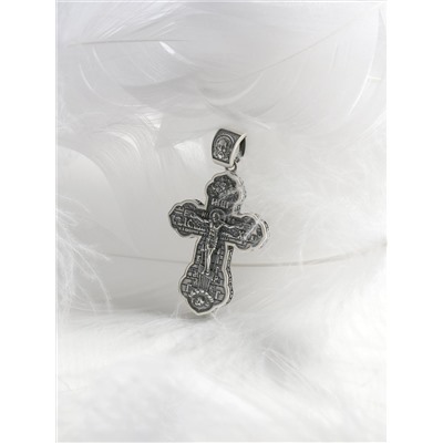 Крест из чернёного серебра - Рaспятие, Шестикрылый Херувим, Спаc Неpукотвоpный, Николай Чудотворец, Спиридон Тримифунтский, Серафим Саровский, Казанская Божья Матерь, Молитва "Да воскреснет Бог" ПК-009-2ч