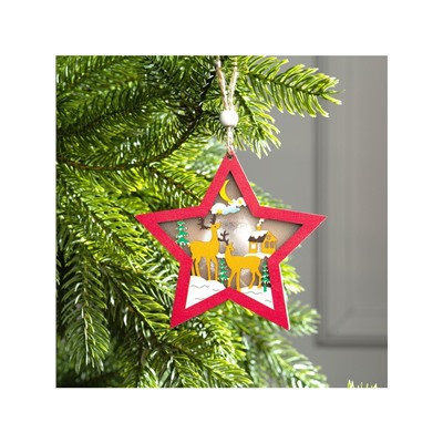 Ёлочная игрушка «Красная звезда с оленями», 10×10×1 см, 3 LED, от батареек, свечение тёплое белое