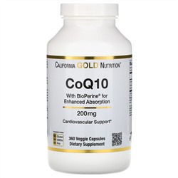 California Gold Nutrition, Коэнзим Q10 фармацевтической чистоты (ФСША) с Bioperine, 200 мг, 360 растительных капсул