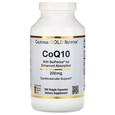 California Gold Nutrition, Коэнзим Q10 фармацевтической чистоты (ФСША) с Bioperine, 200 мг, 360 растительных капсул