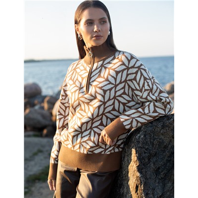 Джемпер с воротом на молнии двуслойной жаккардовой вязки с кашемиром