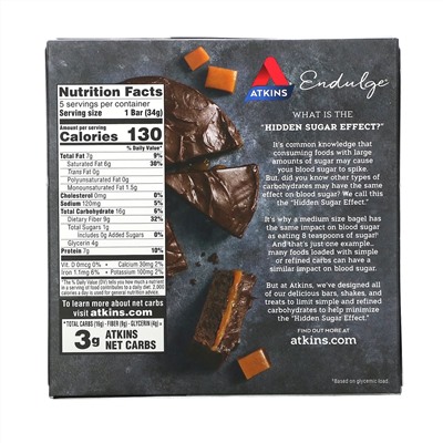 Atkins, Endulge, Chocolate Caramel Fudge, 5 Bars, 1.2 oz (34 g) Each