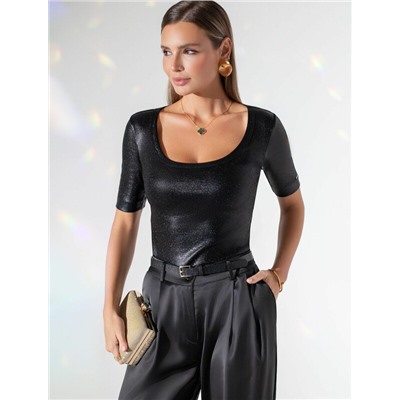 Футболка облегающая из хлопка в рубчик с U вырезом и матовым покрытием металлик