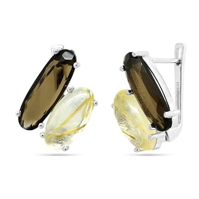 Серьги из серебра раухтопаз, рутиловый кварц золотой, Лунетта