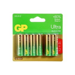 Батарейка алкалиновая GP Ultra, AA, LR6-6BL, 1.5 В, технология G-Tech, блистер, 6 шт.