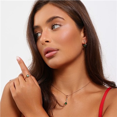 Комплект ювелирной бижутерии коллекция "Дубай" серьги, кулон и кольцо 20 р, покрытие позолота, вставка: фианиты, цвет: зеленый, арт.314.913-20