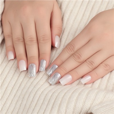 Накладные ногти «Зебра», 24 шт., с клеевыми пластинами, форма мягкий квадрат, белые, серебристые