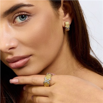 Комплект ювелирной бижутерии Итальянское золото (покрытие желтое 14к) серьги и кольцо 19 р, вставка: фианиты, цвет: прозрачный, арт.217.390-19