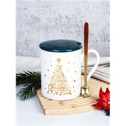 Кружка новогодняя с крышкой, ложка/300 мл/ HB-A2099 /уп 60/
