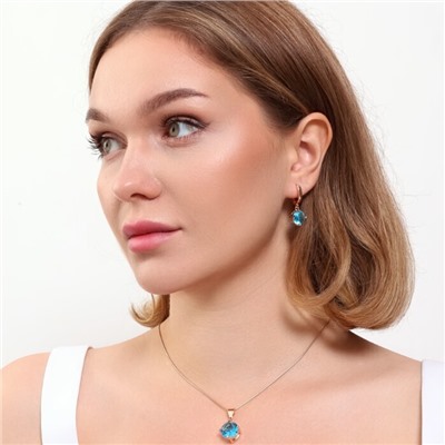 Комплект ювелирная бижутерия коллекция  "Дубай" серьги и кулон, покрытие: позолота, вставка: фианиты, цвет: голубой, арт.215.432