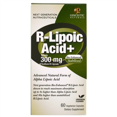 Genceutic Naturals, R-липоевая кислота+, 300 мг, 60 вегетарианских капсул