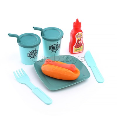 Бытовая техника "Кухонная плита" с набором посуды и продуктов, бирюзовый, (свет, звук) в коробке