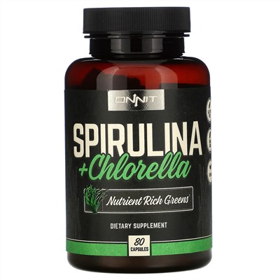 Onnit, спирулина и хлорелла, 80 капсул