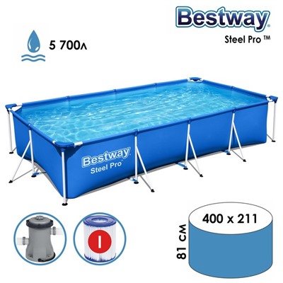 УЦЕНКА Бассейн каркасный Steel Pro, 400×211×81 см, фильтр-насос, прямоугольный, 56424 Bestway