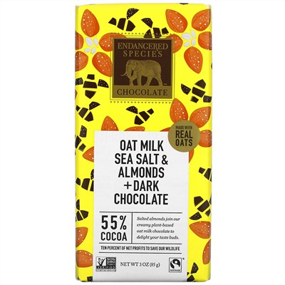 Endangered Species Chocolate, Oat Milk Sea Salt & Almonds + Dark Chocolate, 55% Cocoa,  3 oz (85 g)