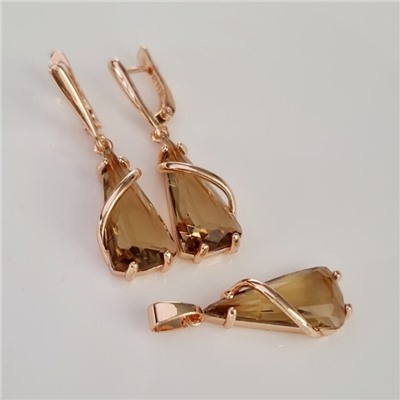 Комплект ювелирной бижутерии коллекция "Дубай" серьги и кулон, покрытие позолота, вставка: фианиты, цвет: коричневый, арт.414.046