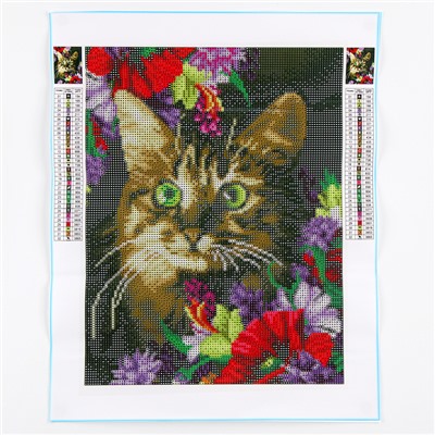 Алмазная мозаика с полным заполнением «Кот в цветах» 30×40 см, холст, ёмкость