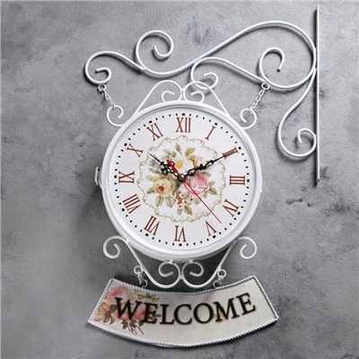 Часы настенные двусторонние, на подвесе "WELCOME", d-23 см, 47 х 31 см, 2хАА, белые