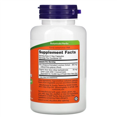 Now Foods, Глицирризинат корня солодки с алоэ вера, 400 мг, 100 растительных капсул
