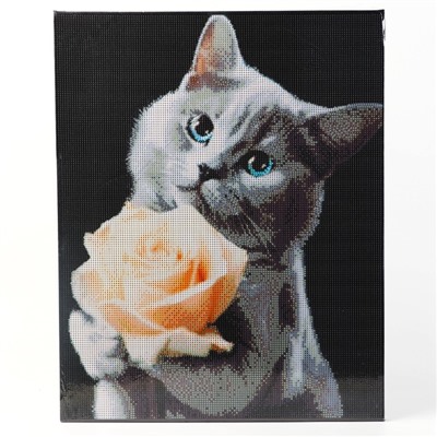 УЦЕНКА Алмазная вышивка полное заполнение «Котенок с розой», на раме, 40×50 см