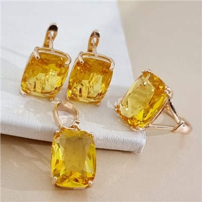 Комплект ювелирной бижутерии коллекция "Дубай" серьги, кулон и кольцо 17 р, покрытие позолота, вставка: стекло, цвет: желтый, арт.313.466-17