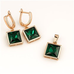 Комплект ювелирной бижутерии Дубайское золото: серьги и кулон с крупным камнем, покрытие позолота, вставка: фианит, цвет: изумрудный, арт.314.994
