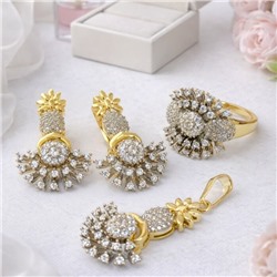 Комплект ювелирной бижутерии Итальянское золото (покрытие желтое 14к), серьги, кулон и кольцо 20 р, вставка: фианиты, цвет: прозрачный, арт.007.349-20